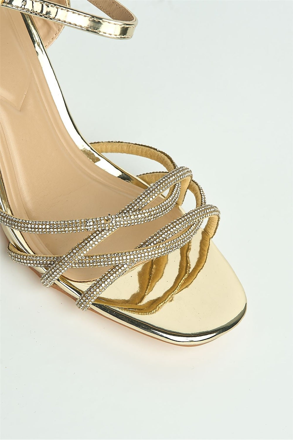 Valarie Diamante Strappy Block Anklestrap Heels in Gold