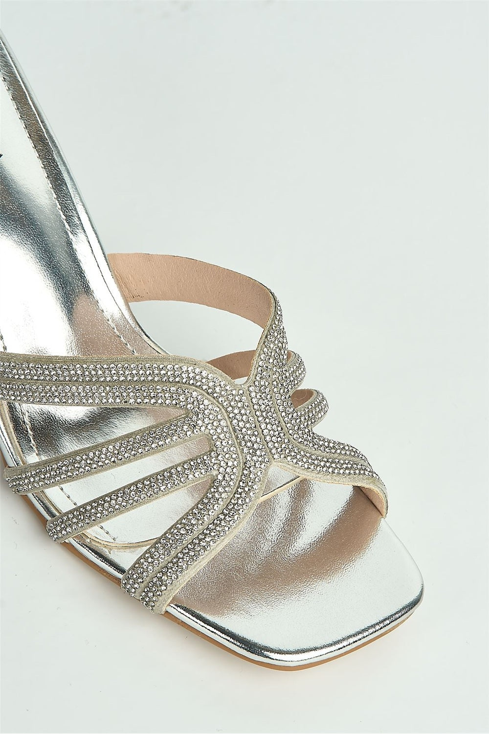 Blythe Diamante Strap Band Heeled Mules in Silver