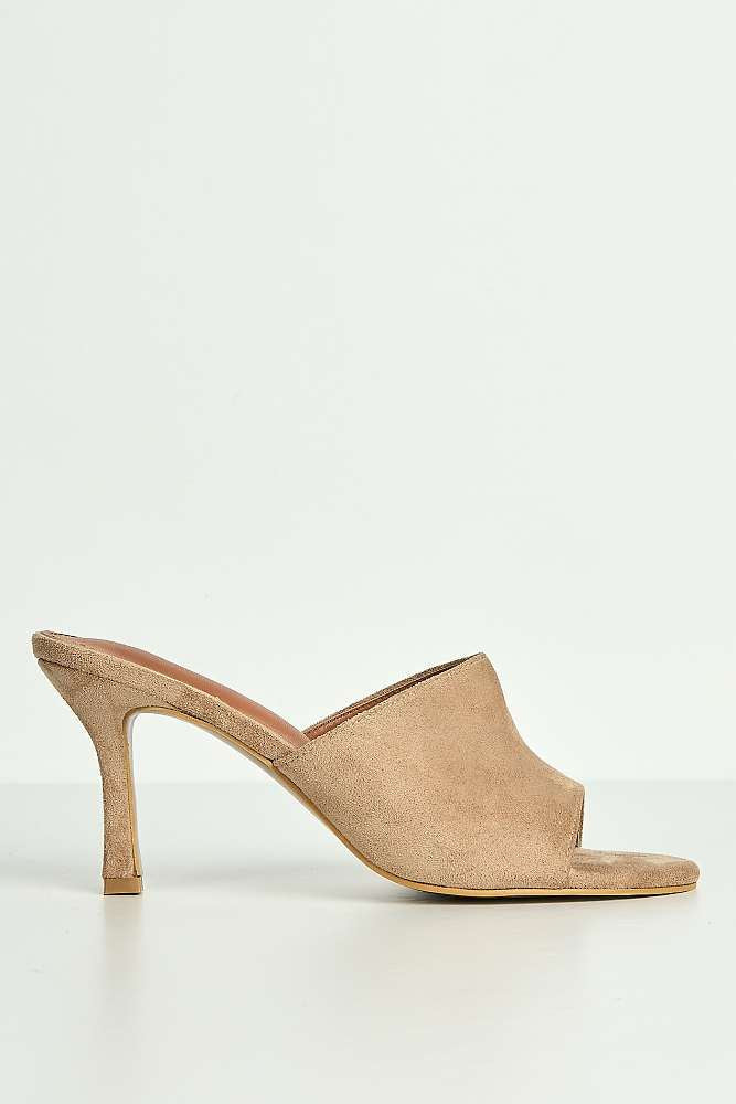 Giselle Peeptoe Plain Band Heeled Mules in Taupe Suede