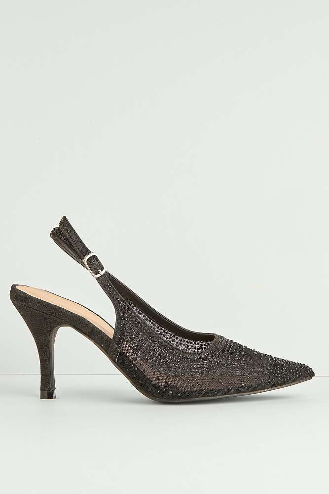 Aramina Gemstone Embellished Mesh Slingback Court Shoes in Black