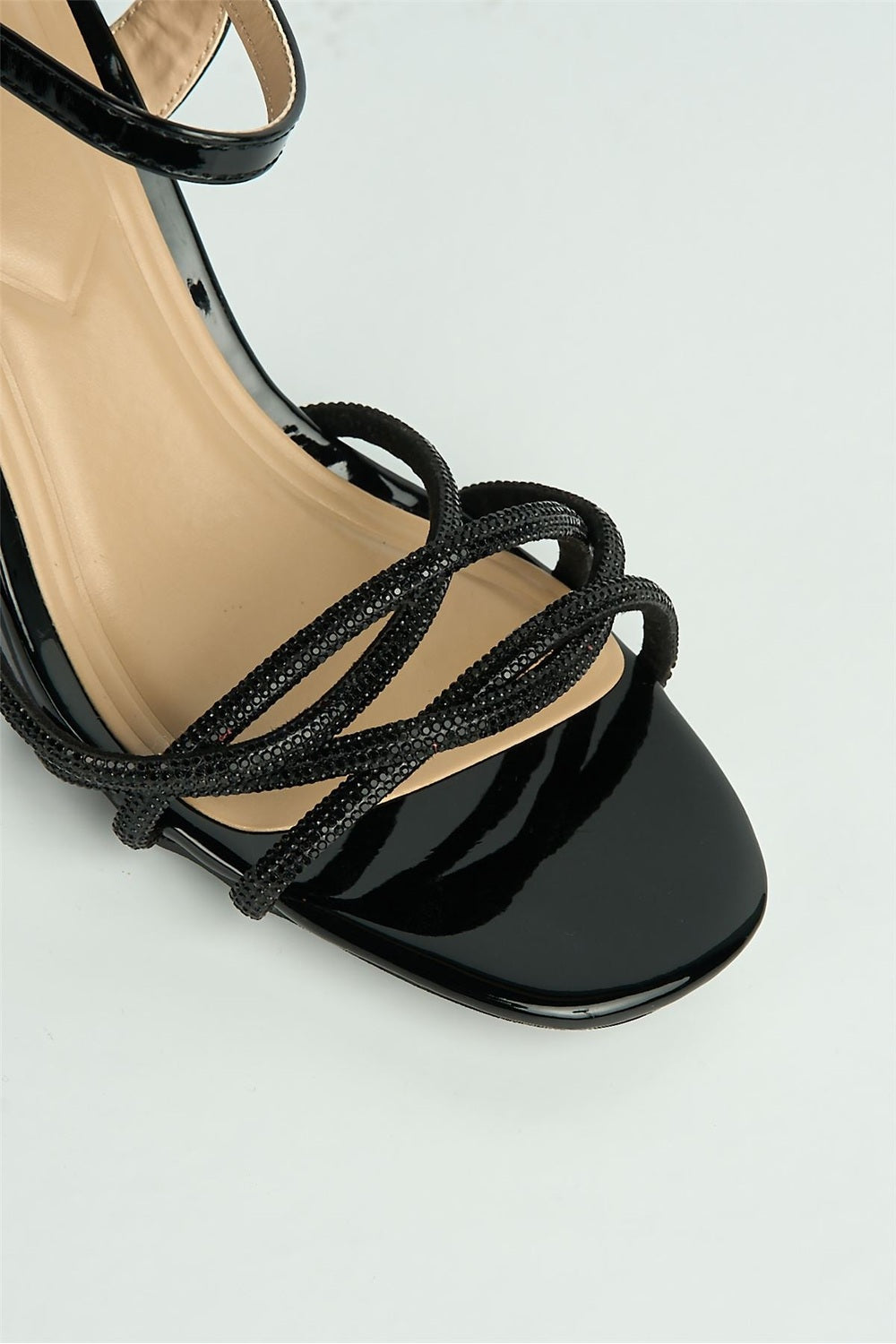 Valarie Diamante Strappy Block Anklestrap Heels in Black