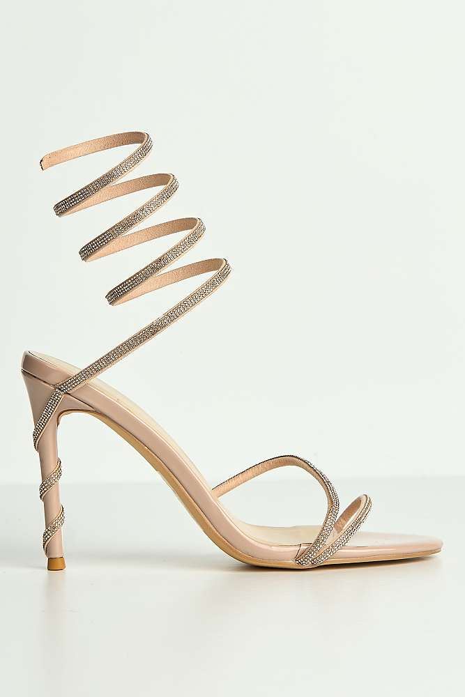 Curly Diamante Embellished Spiral Ankle Strap Sandals in Nude