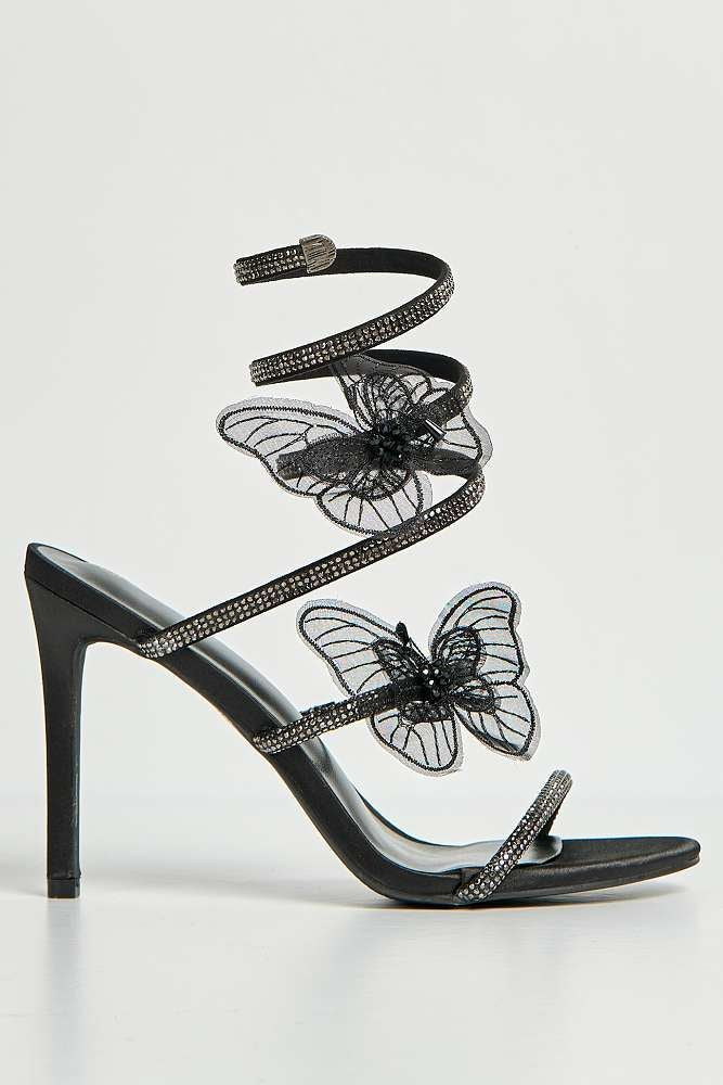 Loreli Flower Detail Diamante Heeled Sandals in Black
