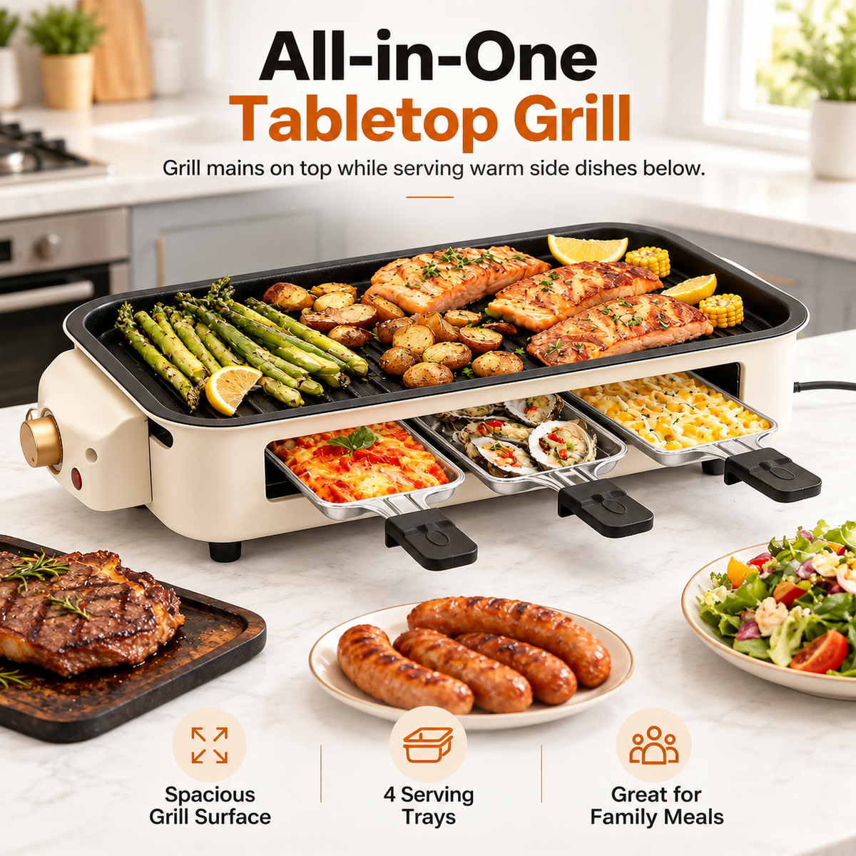 2-in-1 Small Smokeless Electric Indoor BBQ Grill with Versatile Cooking Options