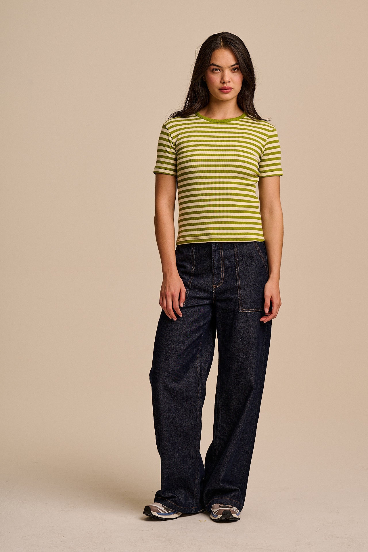 Gracie - Cotton T-Shirt in Green & Ecru Stripe