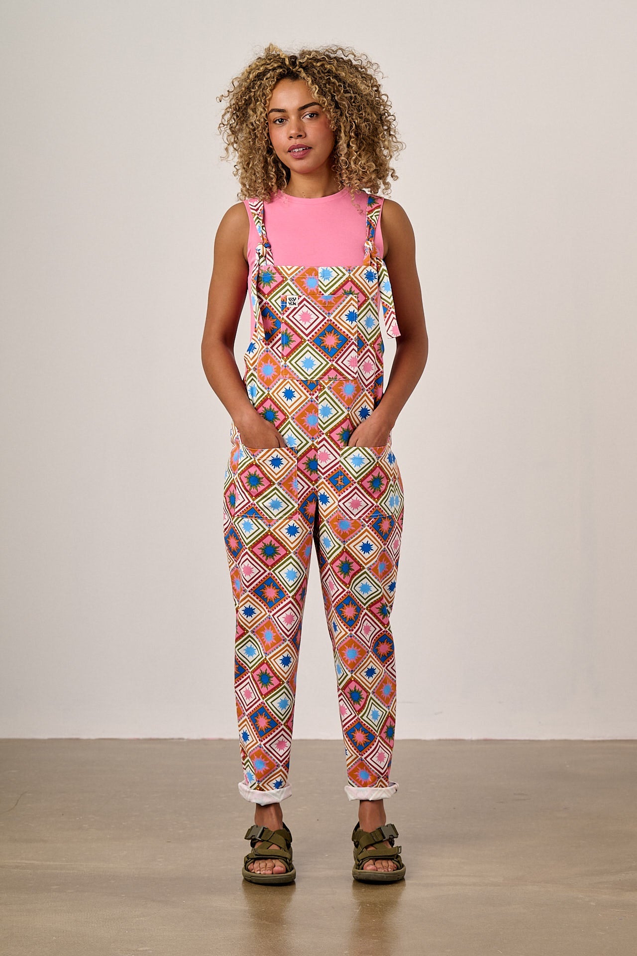 Original - Cotton Dungarees in Pink Celestial Tile Print