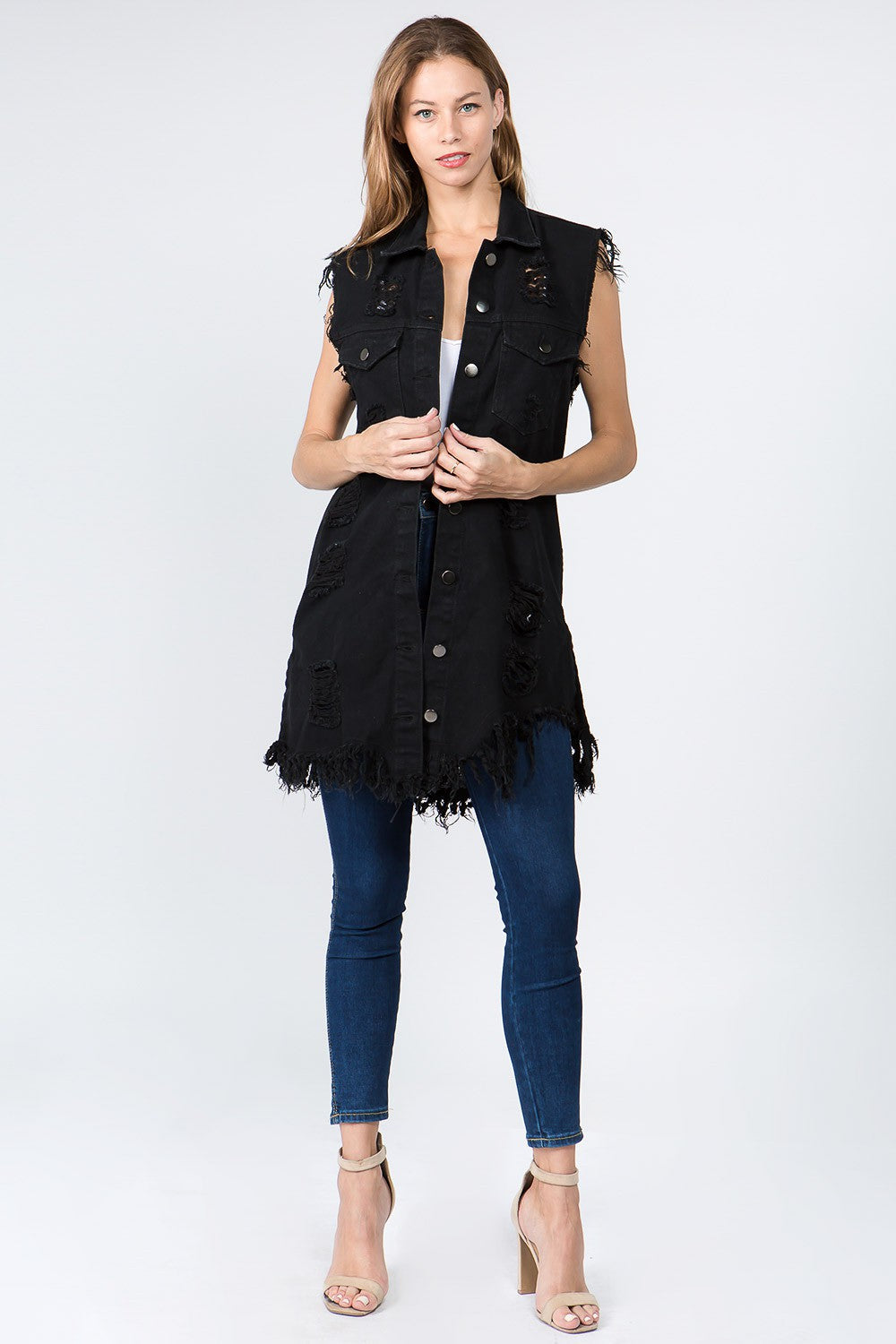 Women's Destroyed Long Denim Robe Vest