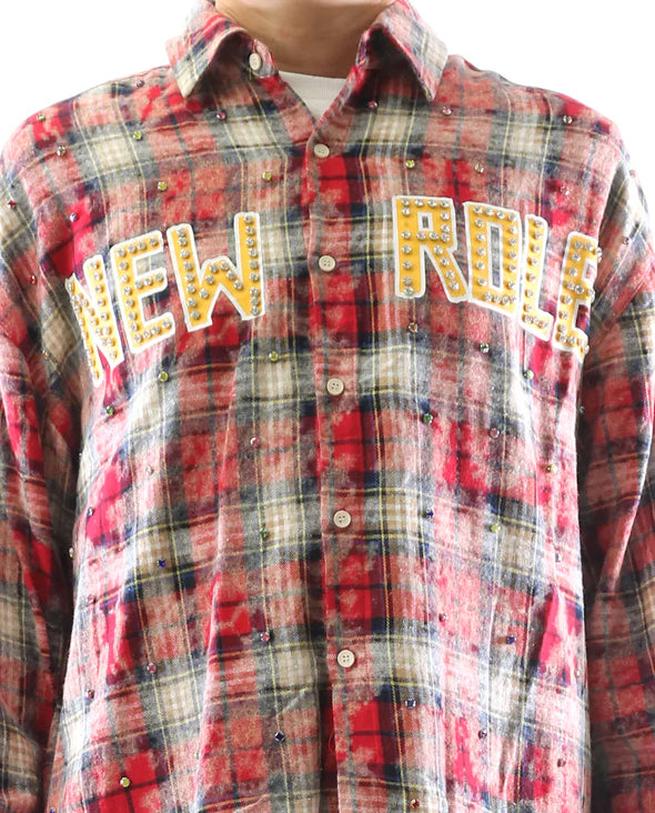 Long Sleeve Washed Flannel Crop Top Button Down Shirt With Rhinestone Embellishments
