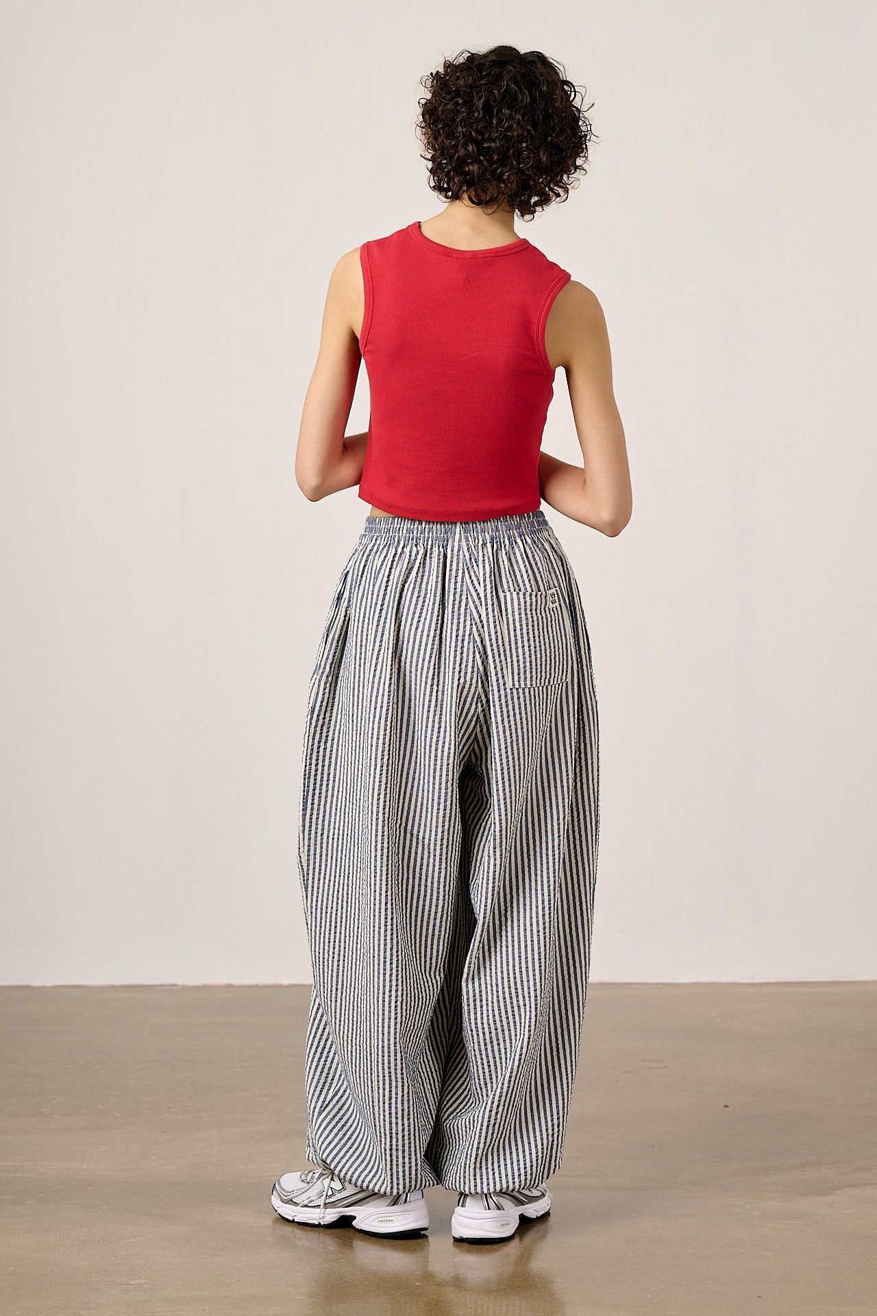 Renata - Cuffed Cotton Balloon Leg Trousers in Blue & White Stripe