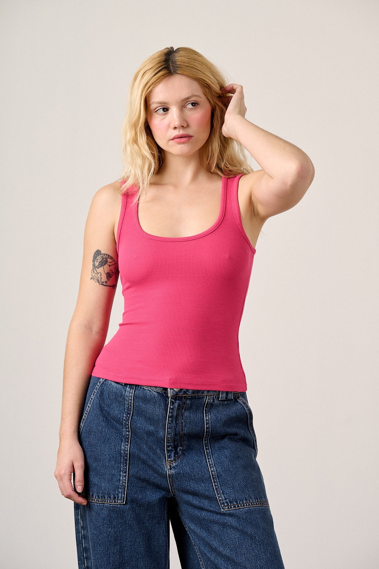 Romy - Cotton Scoop Vest in Fuchsia Pink