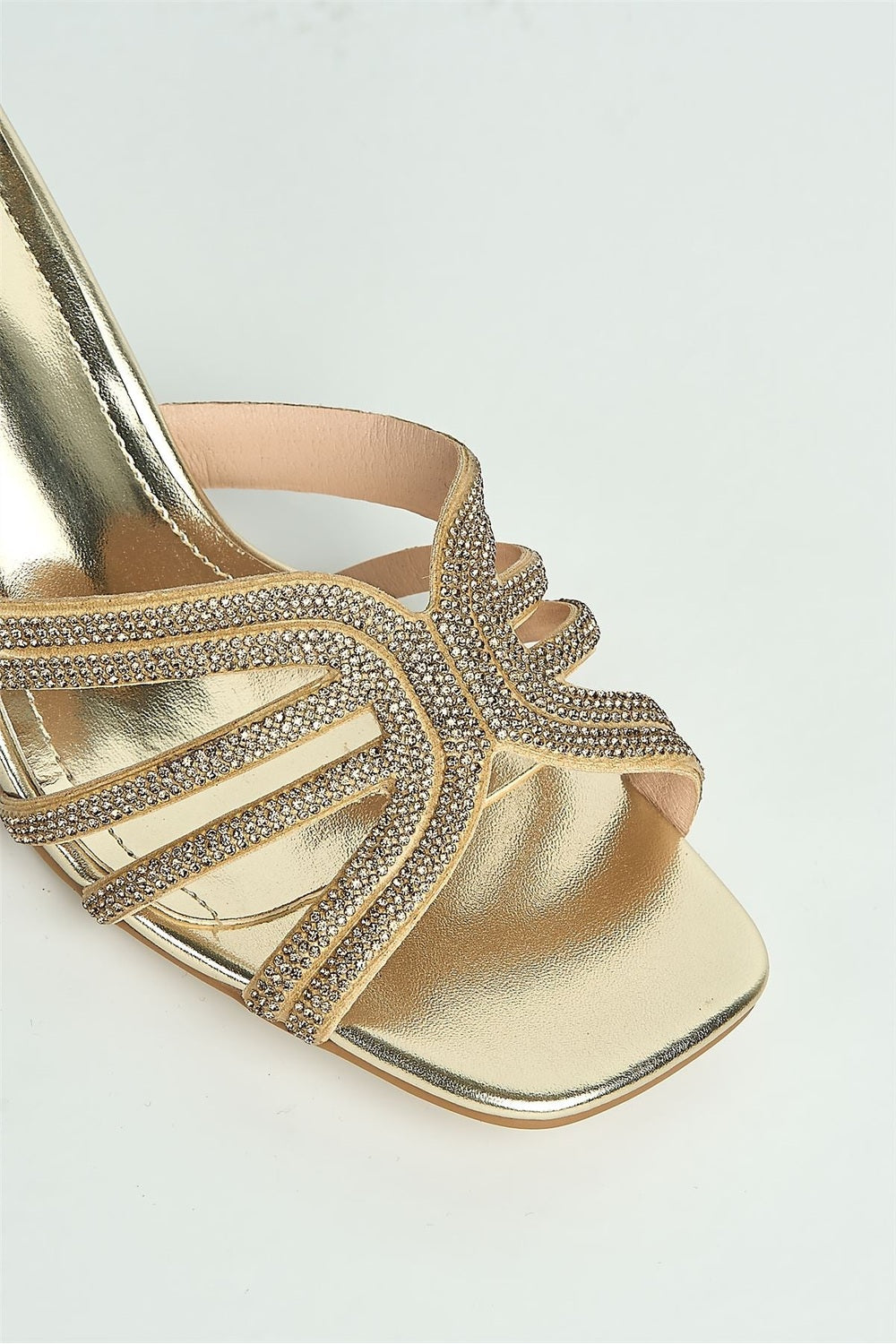 Blythe Diamante Strap Band Heeled Mules in Gold