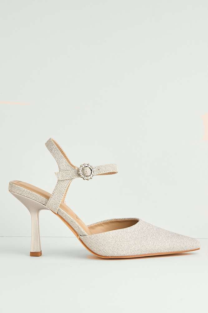 Desse Pointed Toe Shimmer Anklestrap Court Shoes in Silver Shimmer