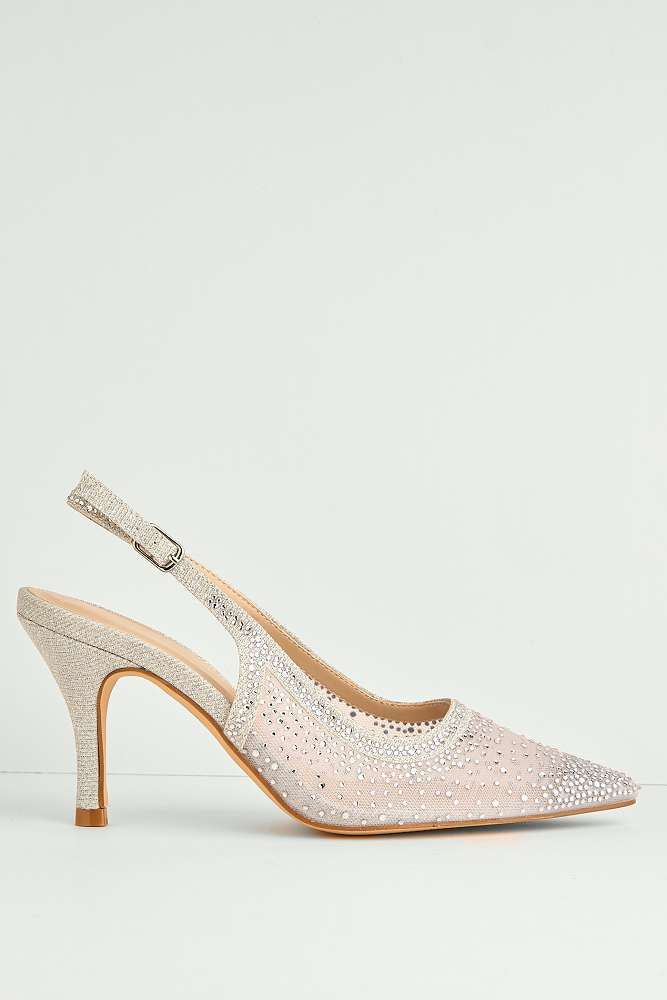 Aramina Gemstone Embellished Mesh Slingback Court Shoes in Silver