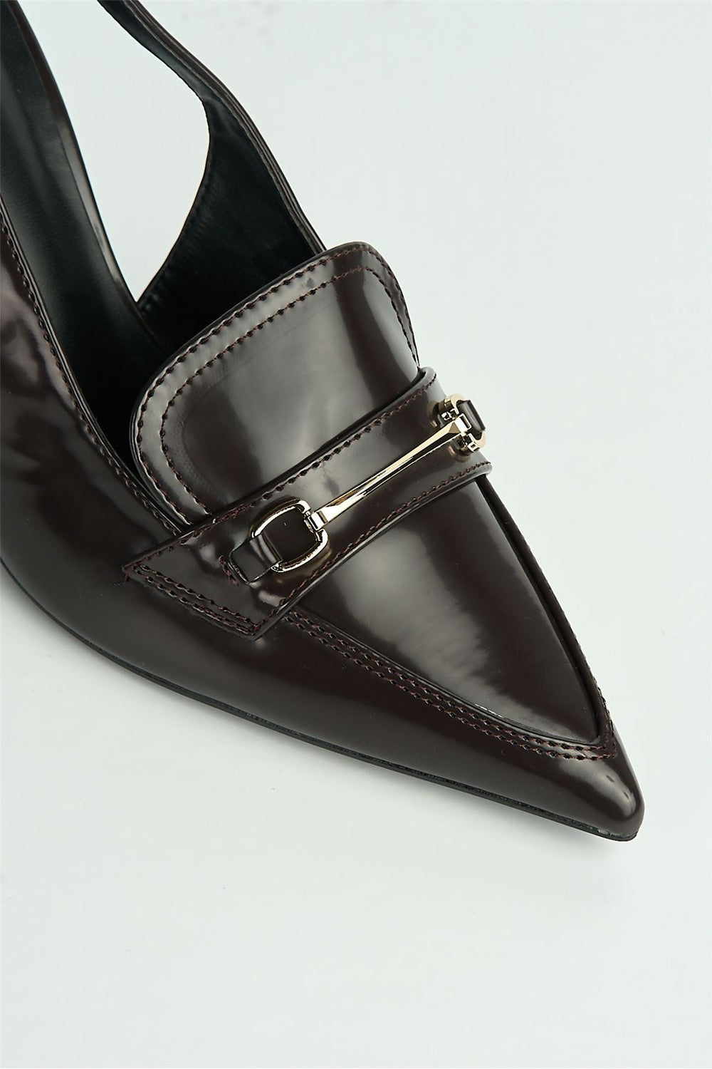 Anastasia Horsebit Detail Pointed Toe Anklestrap Court Shoes in Brown