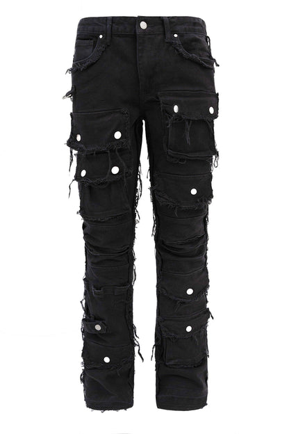 Men's Distressed Edge Cut Slim Stack Flared Cargo Jeans