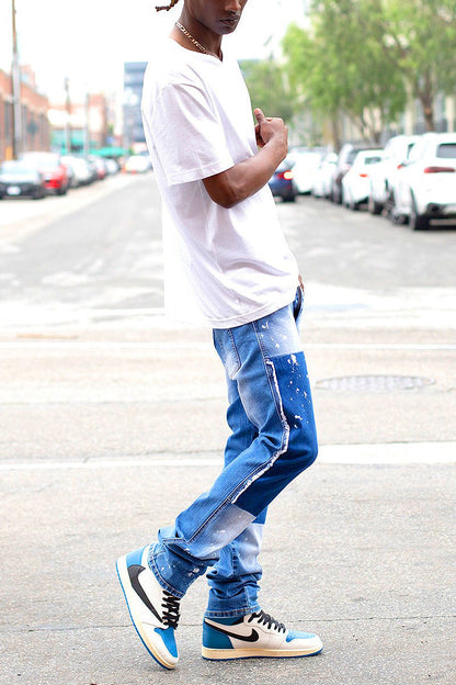 Men's Stacked Fit Repaired Paint Splatter Denim Jeans