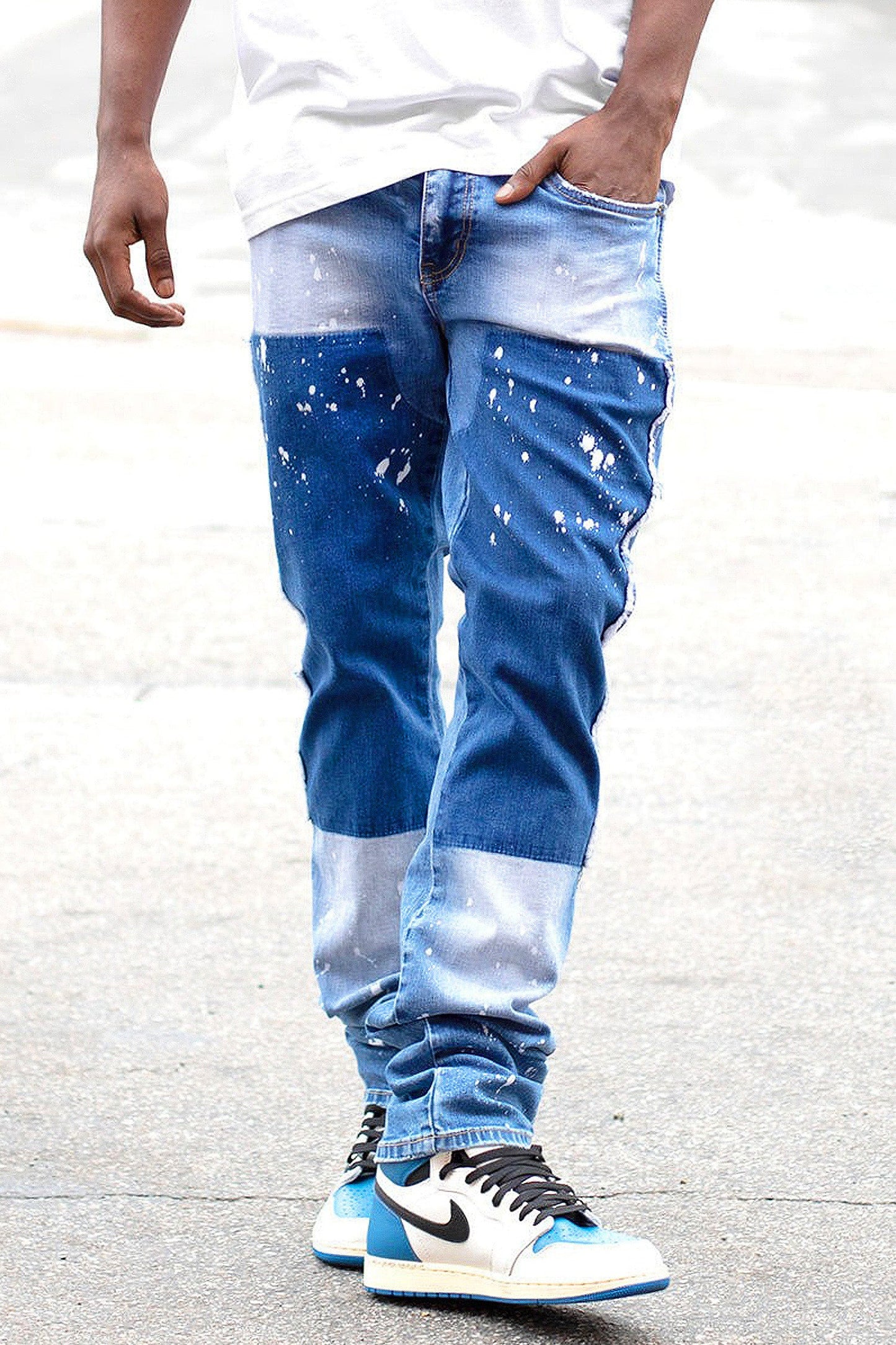 Men's Stacked Fit Repaired Paint Splatter Denim Jeans