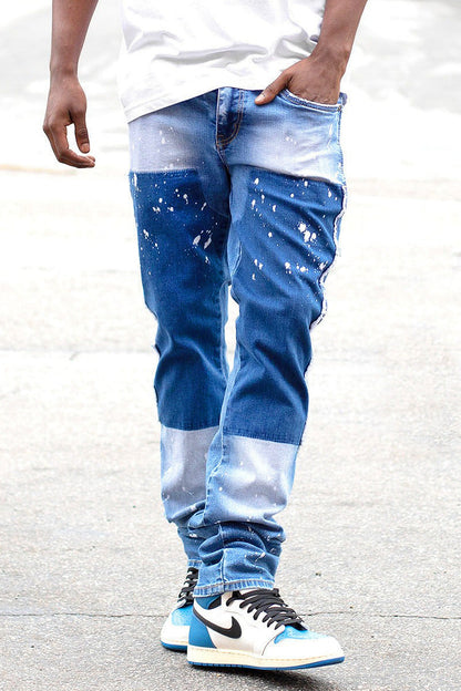 Men's Stacked Fit Repaired Paint Splatter Denim Jeans
