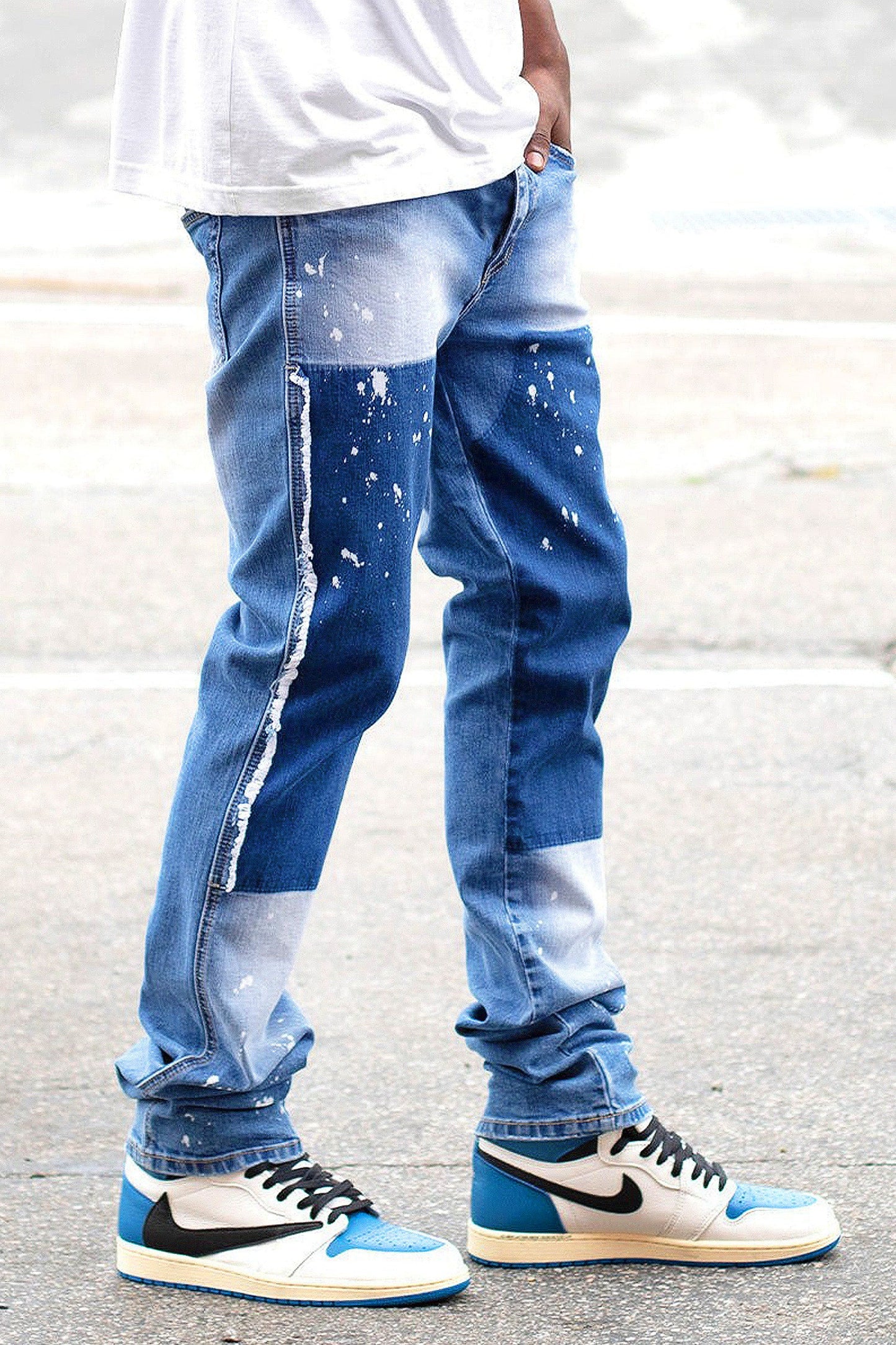 Men's Stacked Fit Repaired Paint Splatter Denim Jeans