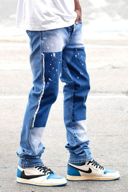 Men's Stacked Fit Repaired Paint Splatter Denim Jeans