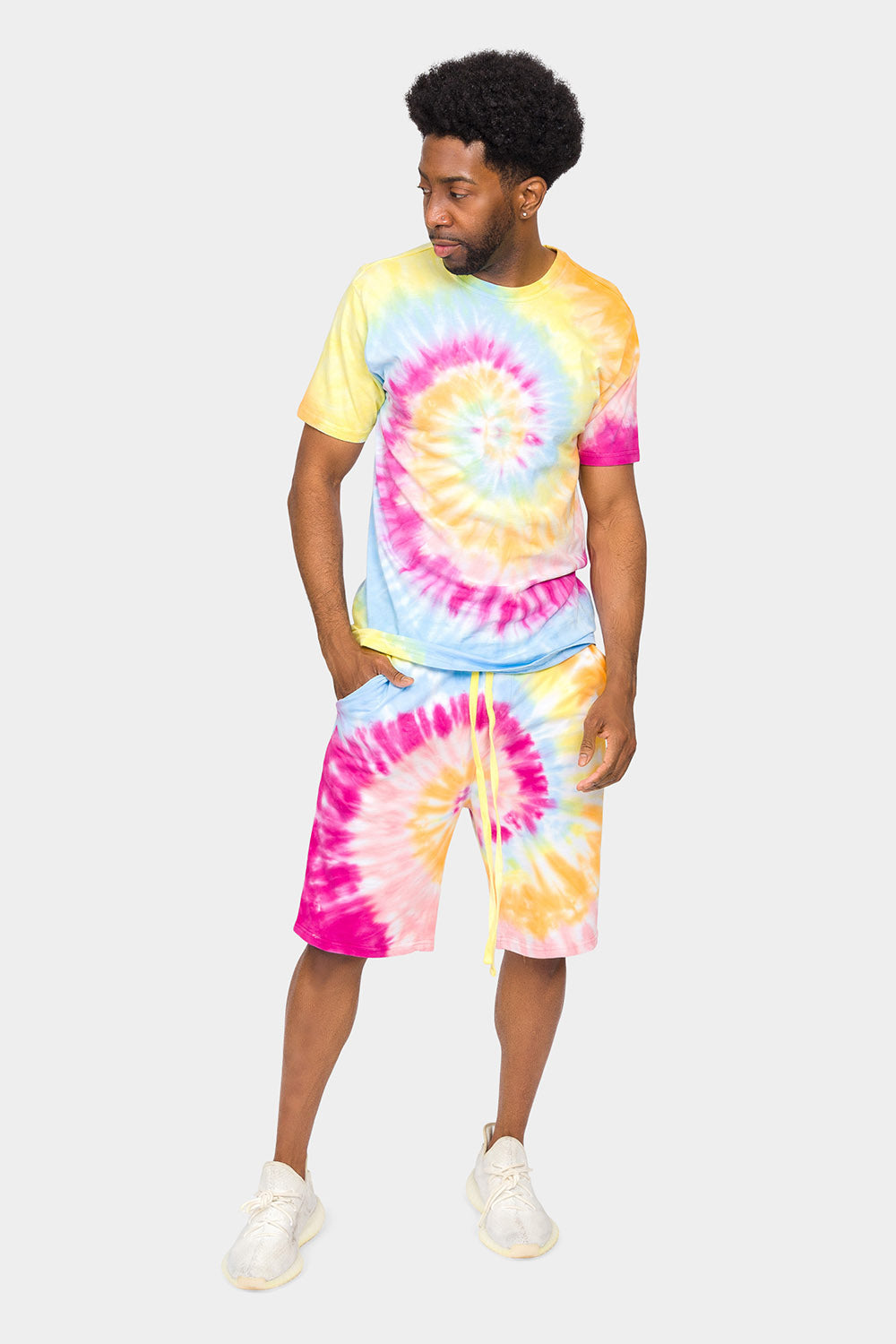 Pastel Contrast Swirl Tie Dye Cotton Shirt Shorts Set