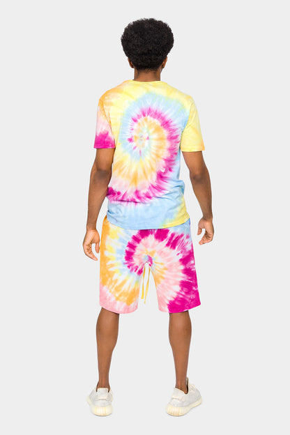 Pastel Contrast Swirl Tie Dye Cotton Shirt Shorts Set