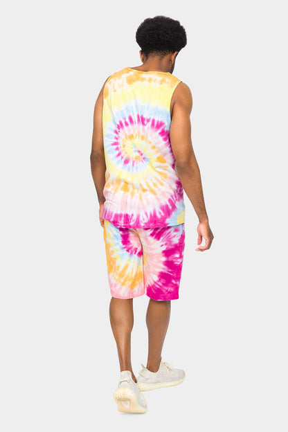 Pastel Contrast Swirl Tie Dye Cotton Tank Top Shorts Set
