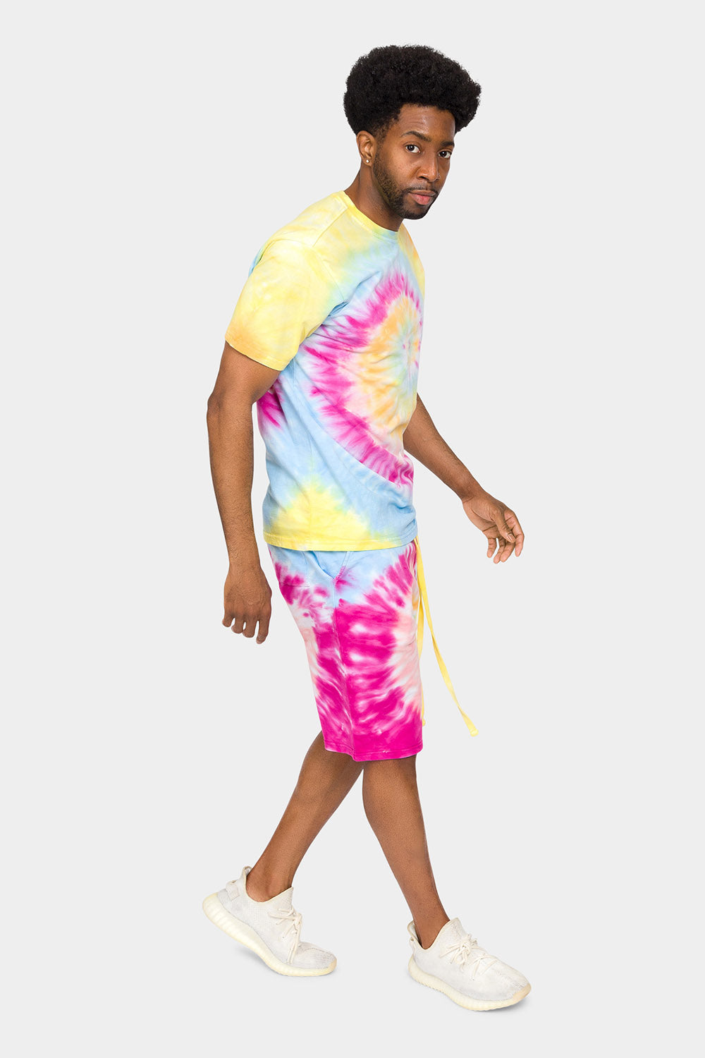 Pastel Contrast Swirl Tie Dye Cotton Shirt Shorts Set