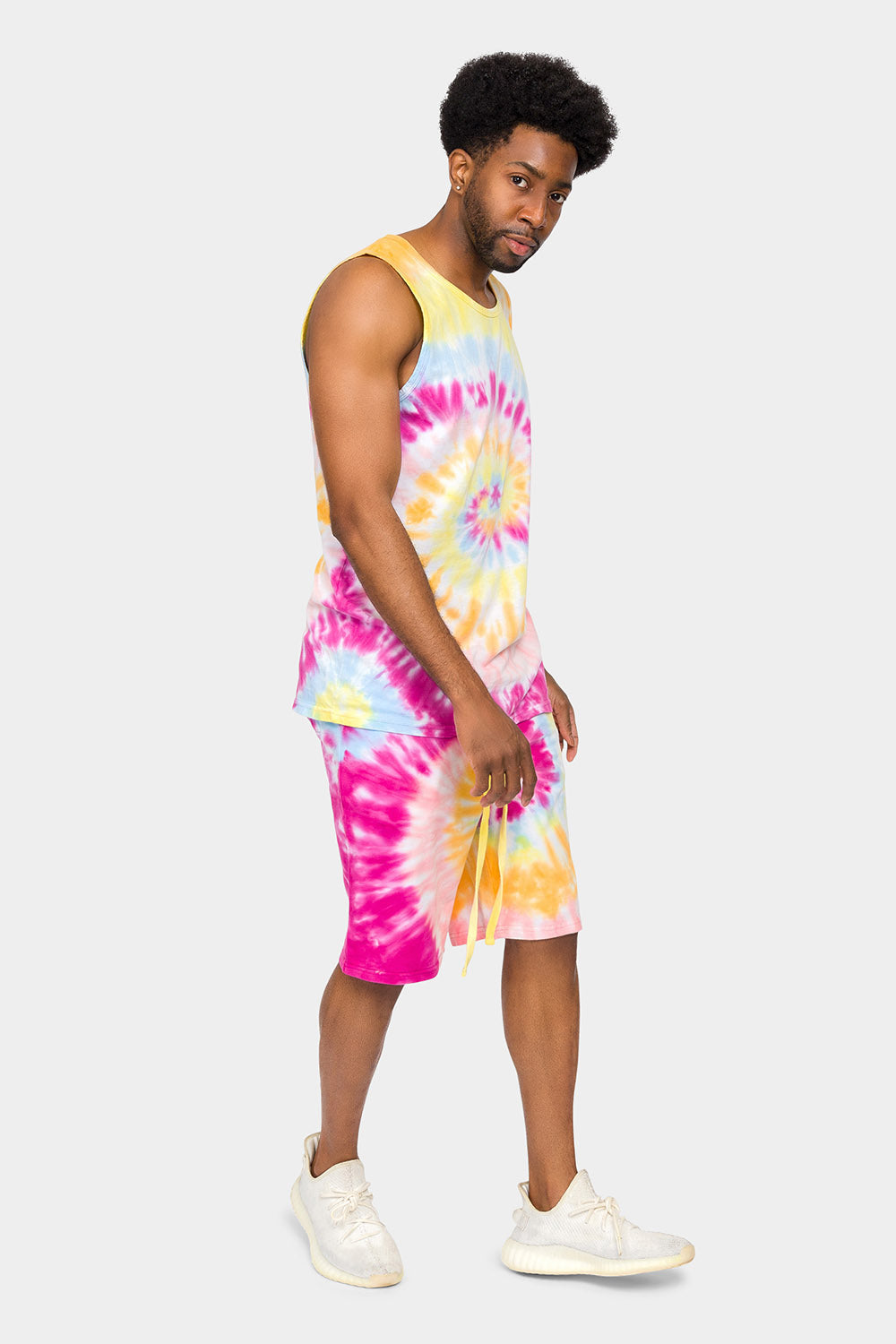 Pastel Contrast Swirl Tie Dye Cotton Tank Top Shorts Set