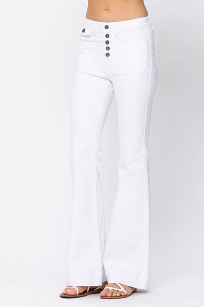 Judy Blue White Button Fly Patch Pocket Flare Jeans