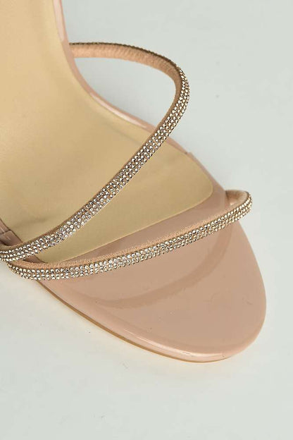 Curly Diamante Embellished Spiral Ankle Strap Sandals in Nude