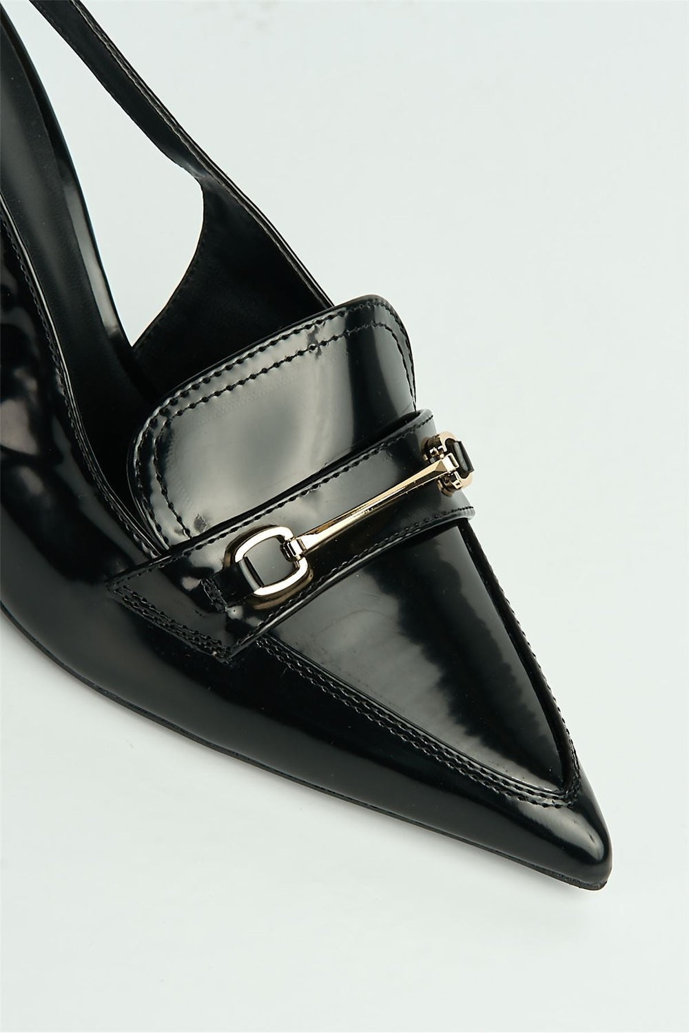 Anastasia Horsebit Detail Pointed Toe Anklestrap Court Shoes in Black