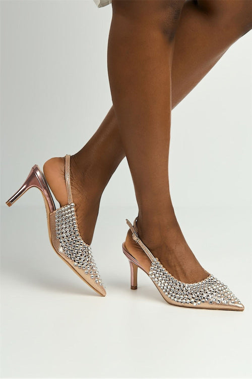Seriea Mirror Encrusted Slingback Court Shoes in Rose Gold