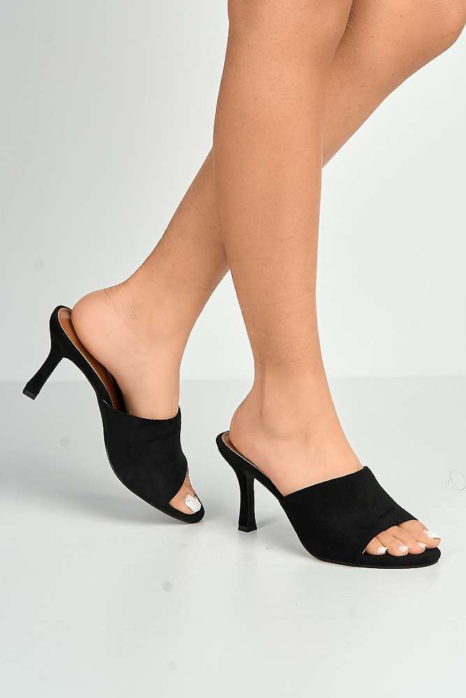 Giselle Peeptoe Plain Band Heeled Mules in Black Suede