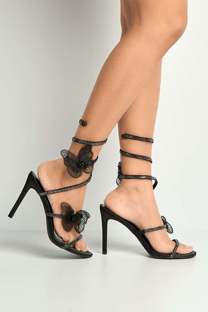 Loreli Flower Detail Diamante Heeled Sandals in Black