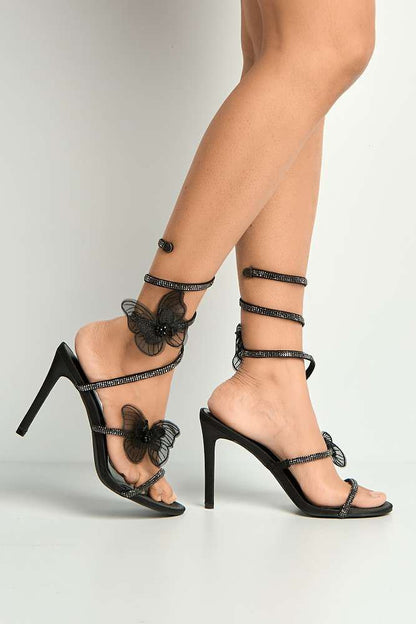 Loreli Flower Detail Diamante Heeled Sandals in Black