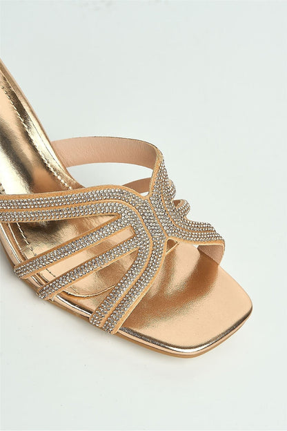 Blythe Diamante Strap Band Heeled Mules in Champagne