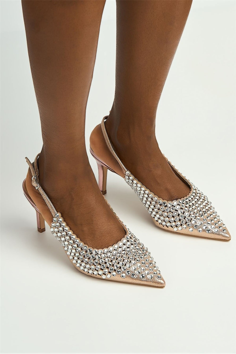 Seriea Mirror Encrusted Slingback Court Shoes in Rose Gold