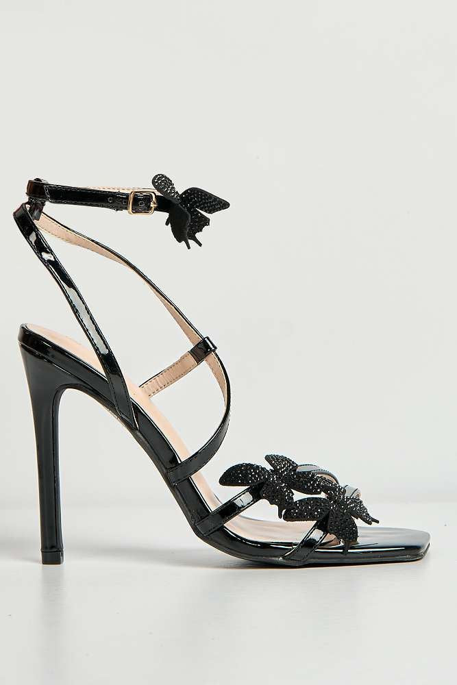 Demelza Flower Detail Diamante Embellished Heels in Black