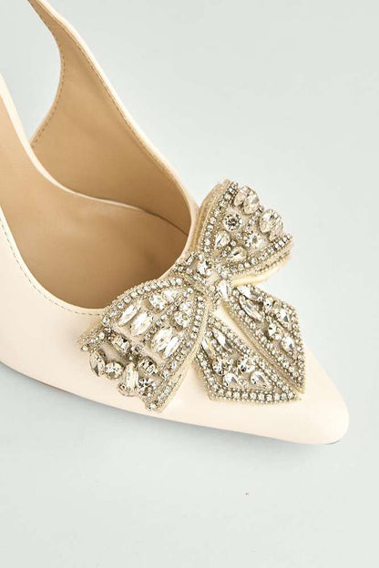 Celia Diamante Bow Pointed Toe Slingback Court Shoes in White