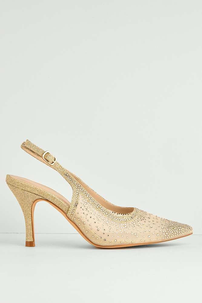 Aramina Gemstone Embellished Mesh Slingback Court Shoes in Gold