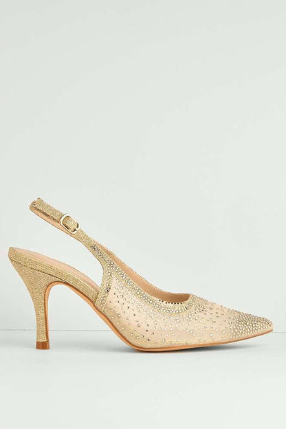 Aramina Gemstone Embellished Mesh Slingback Court Shoes in Gold