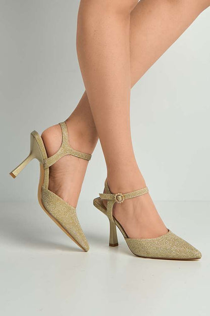 Desse Pointed Toe Shimmer Anklestrap Court Shoes in Gold Shimmer