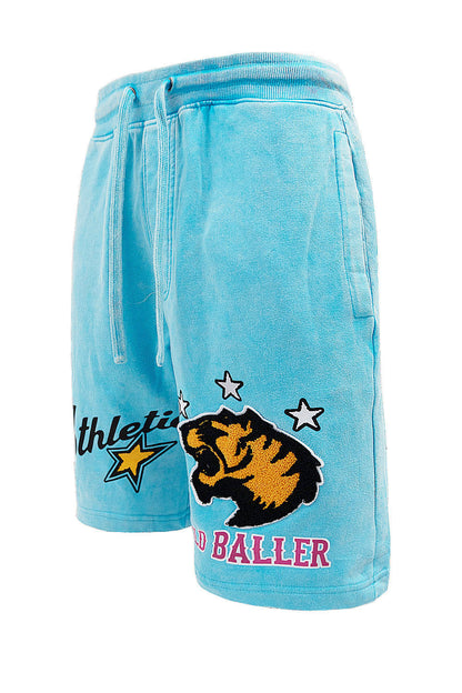 Men's Wild Baller Chenille Patch Acid Washed Graphic Fleece Shorts