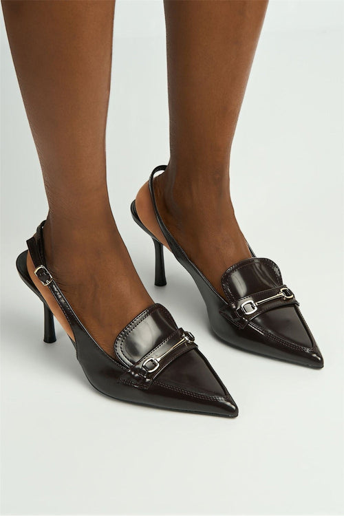 Anastasia Horsebit Detail Pointed Toe Anklestrap Court Shoes in Brown