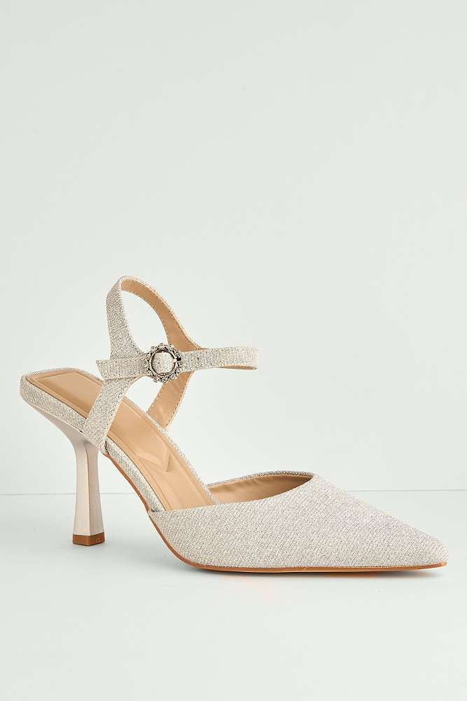 Desse Pointed Toe Shimmer Anklestrap Court Shoes in Silver Shimmer