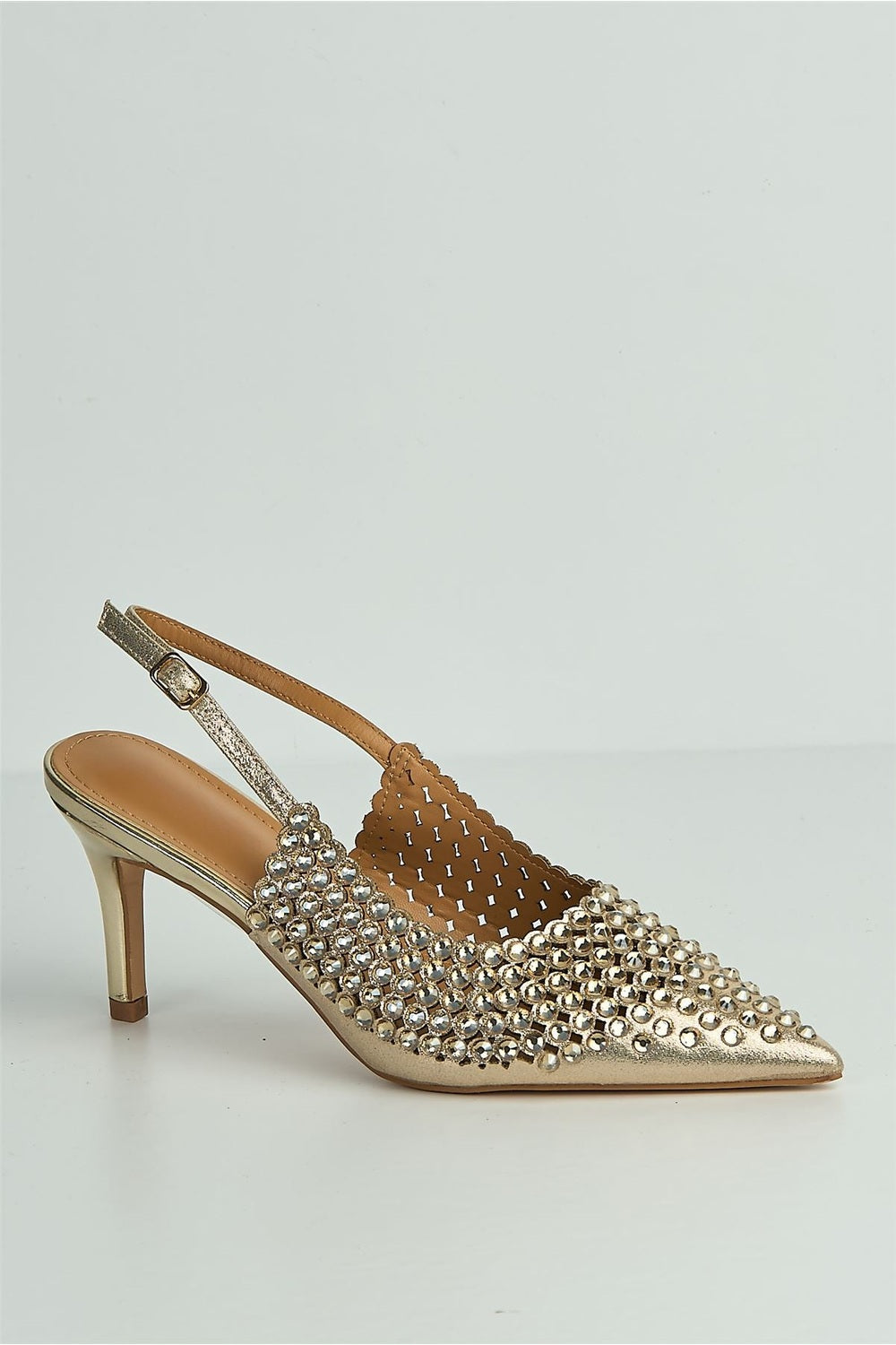 Seriea Mirror Encrusted Slingback Court Shoes in Gold