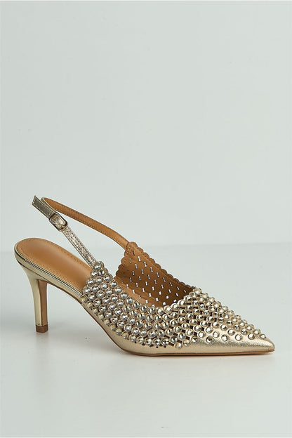 Seriea Mirror Encrusted Slingback Court Shoes in Gold