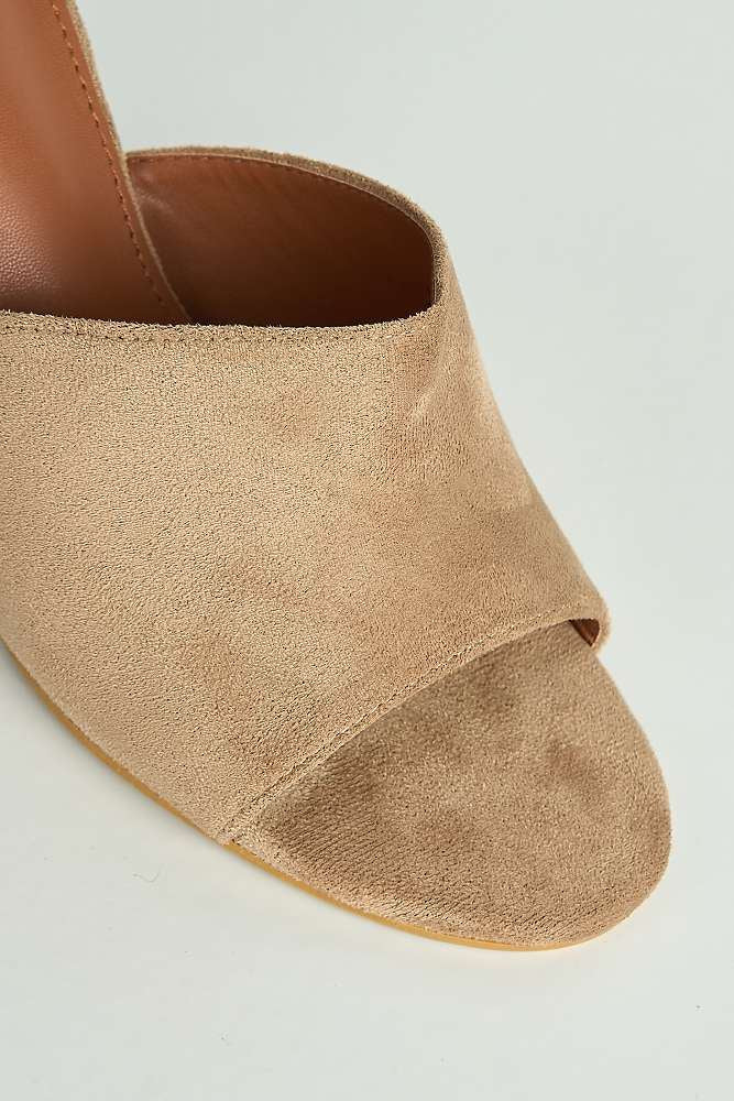 Giselle Peeptoe Plain Band Heeled Mules in Taupe Suede