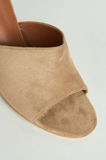 Giselle Peeptoe Plain Band Heeled Mules in Taupe Suede